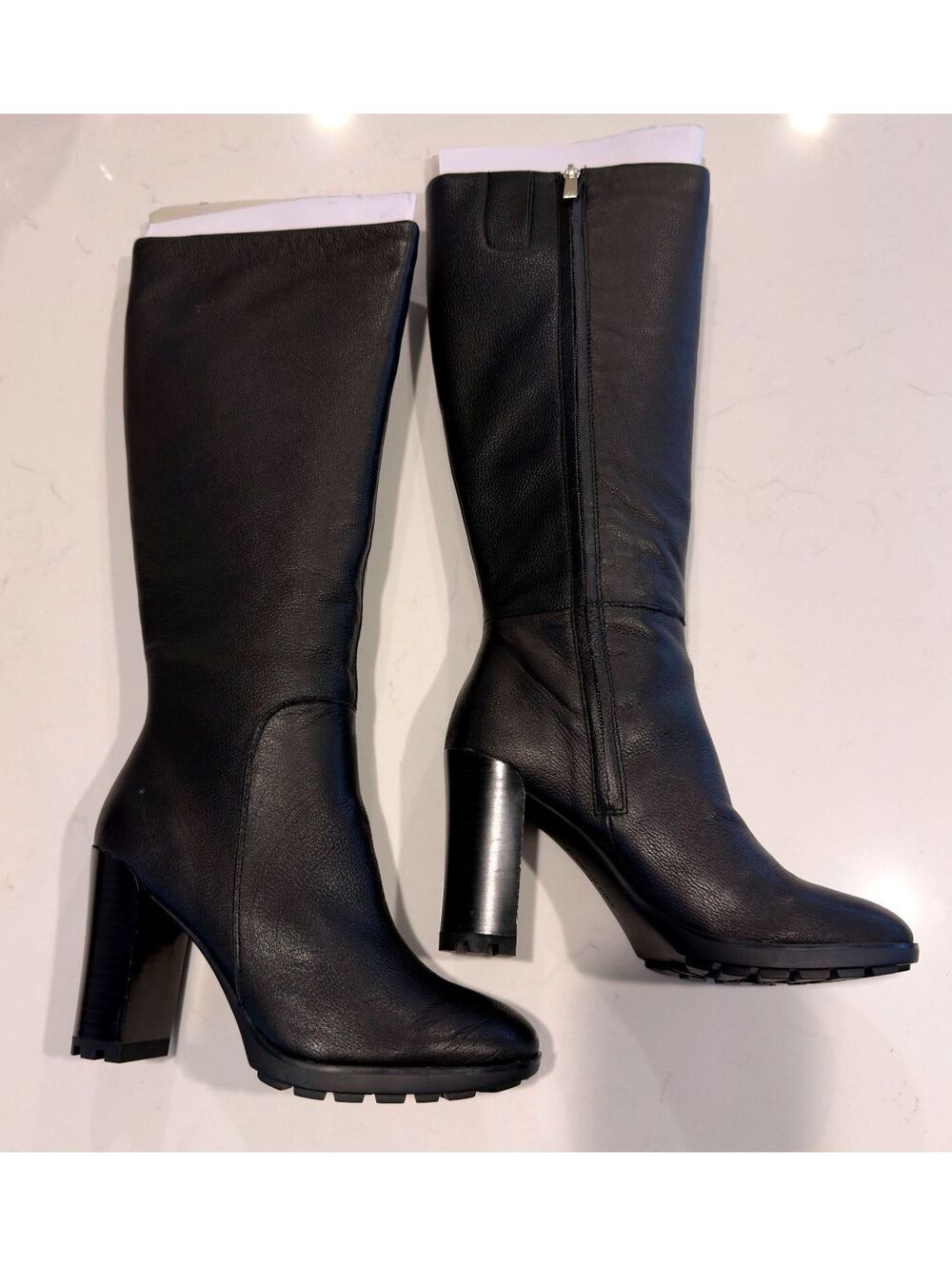 Kenneth Cole Justin 2.0 Black Leather High Block-Heel Boots Women Size 9